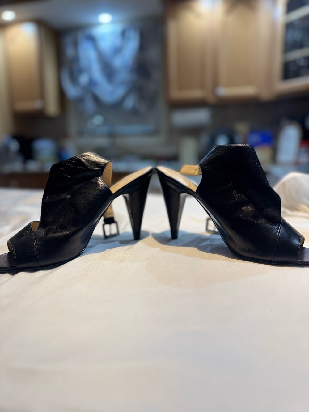 Nine West Black Open-Toe Leather Mule Heels